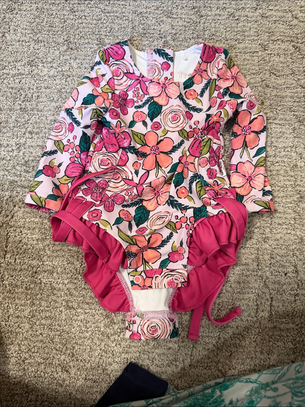Girls' Pink Floral Long-Sleeve One-Piece Swimsuit